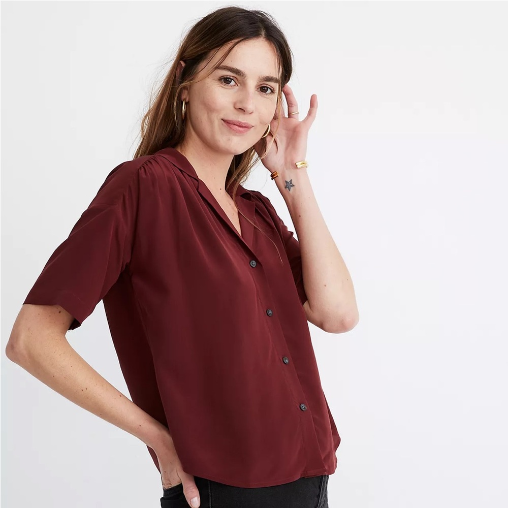 EUC Madewell Silk Camp Shirt Short Sleeve 100% Silk Button Down Blouse Burgundy